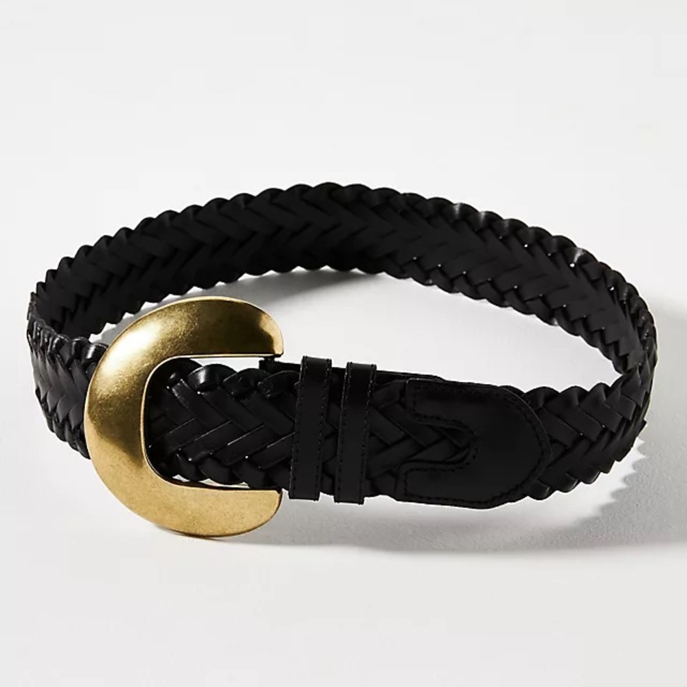 Anthropologie Black Braided Leather Belt with Gold Buckle